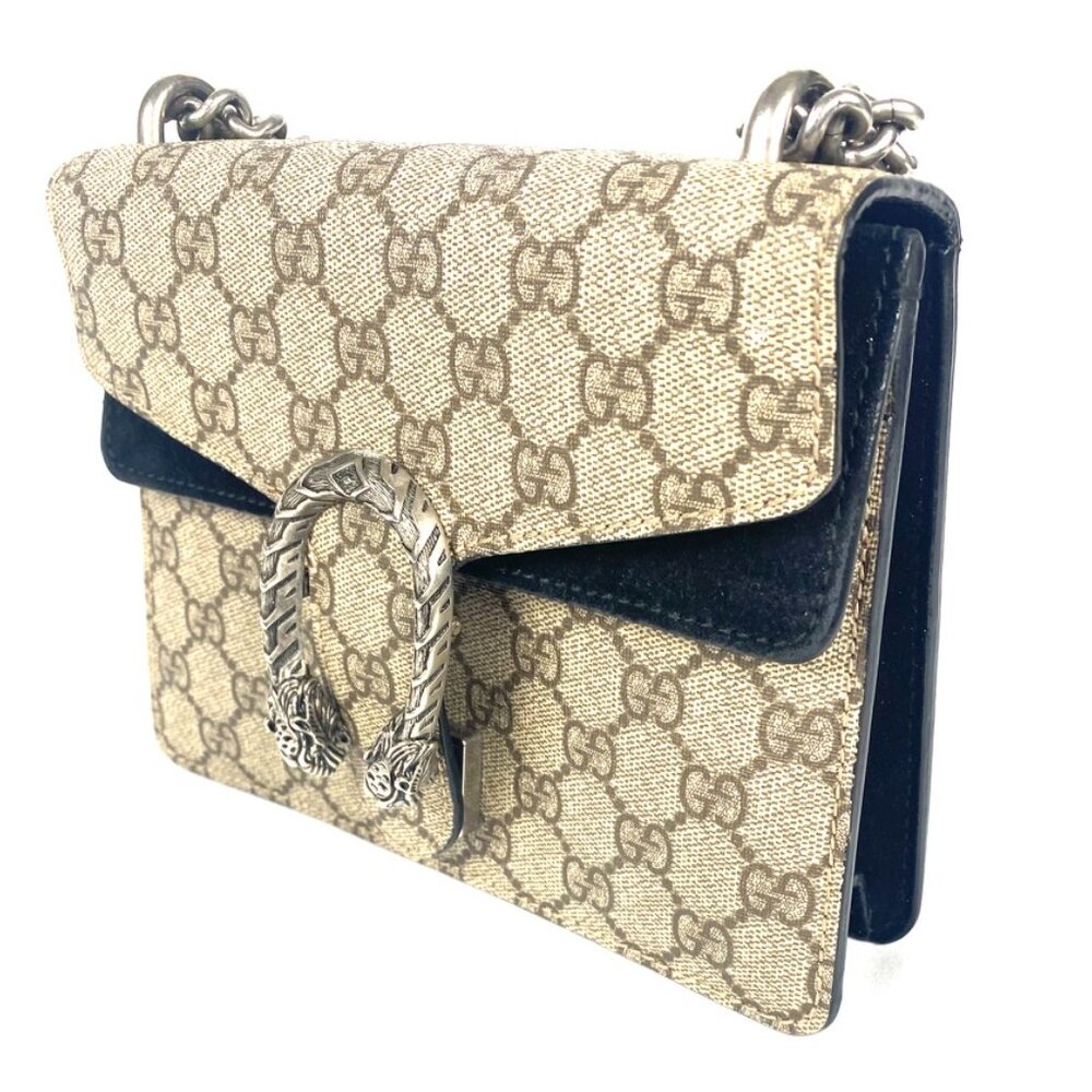 GUCCI GG Monogram Mini Dionysus Shoulder Bag - Taupe with Black Suede